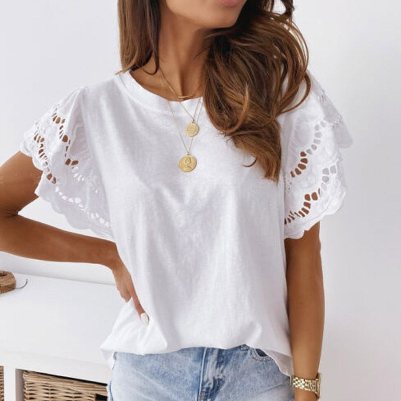 Summer Women Hollow Out Stitching T-Shirt Casual O-Neck Ruffle Short Sleeve Top Elegant White Black 2022 Women's Clothing