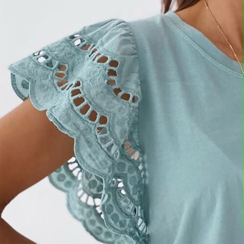 Summer Women Hollow Out Stitching T-Shirt Casual O-Neck Ruffle Short Sleeve Top Elegant White Black 2022 Women's Clothing