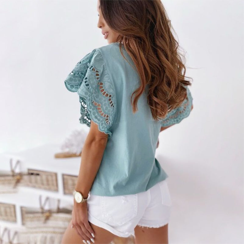Summer Women Hollow Out Stitching T-Shirt Casual O-Neck Ruffle Short Sleeve Top Elegant White Black 2022 Women's Clothing