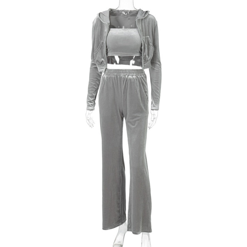 SEASONS Velvet Solid Women Three Piece Set Tube Crop Top Short Coat High Waist Wide Leg Pants Tracksuit Sporty Autumn ASSU86163