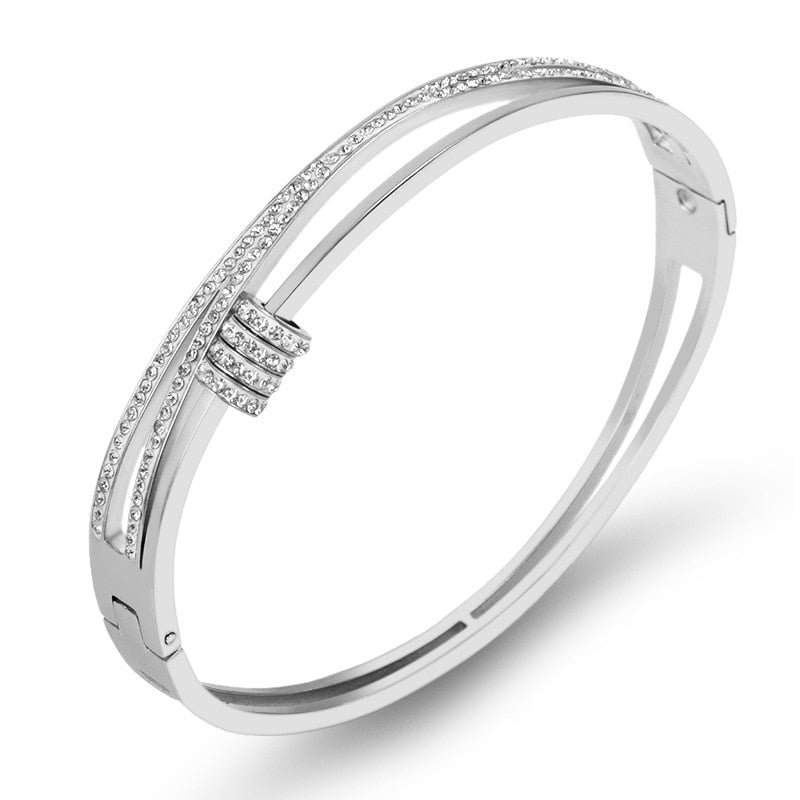 JINHUI Cross Rhinestone Cuff Bangles & Bracelets For Women Girls Popular Stainless Steel Luxury Crystal Bracelet Female Jewelry