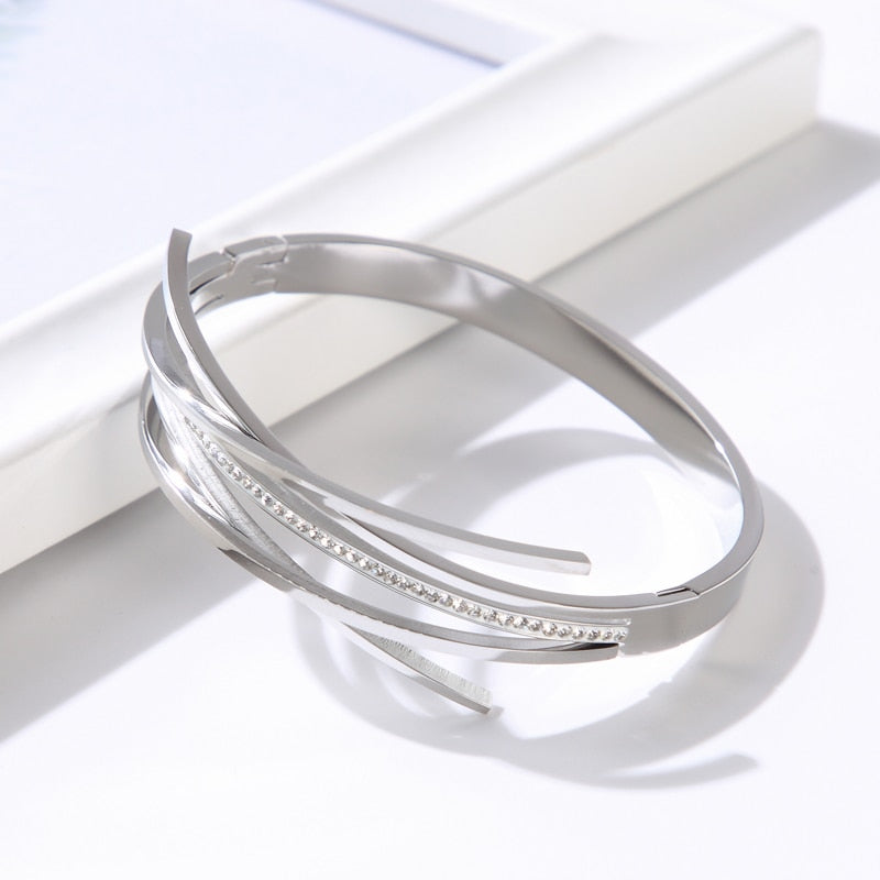 JINHUI Cross Rhinestone Cuff Bangles & Bracelets For Women Girls Popular Stainless Steel Luxury Crystal Bracelet Female Jewelry