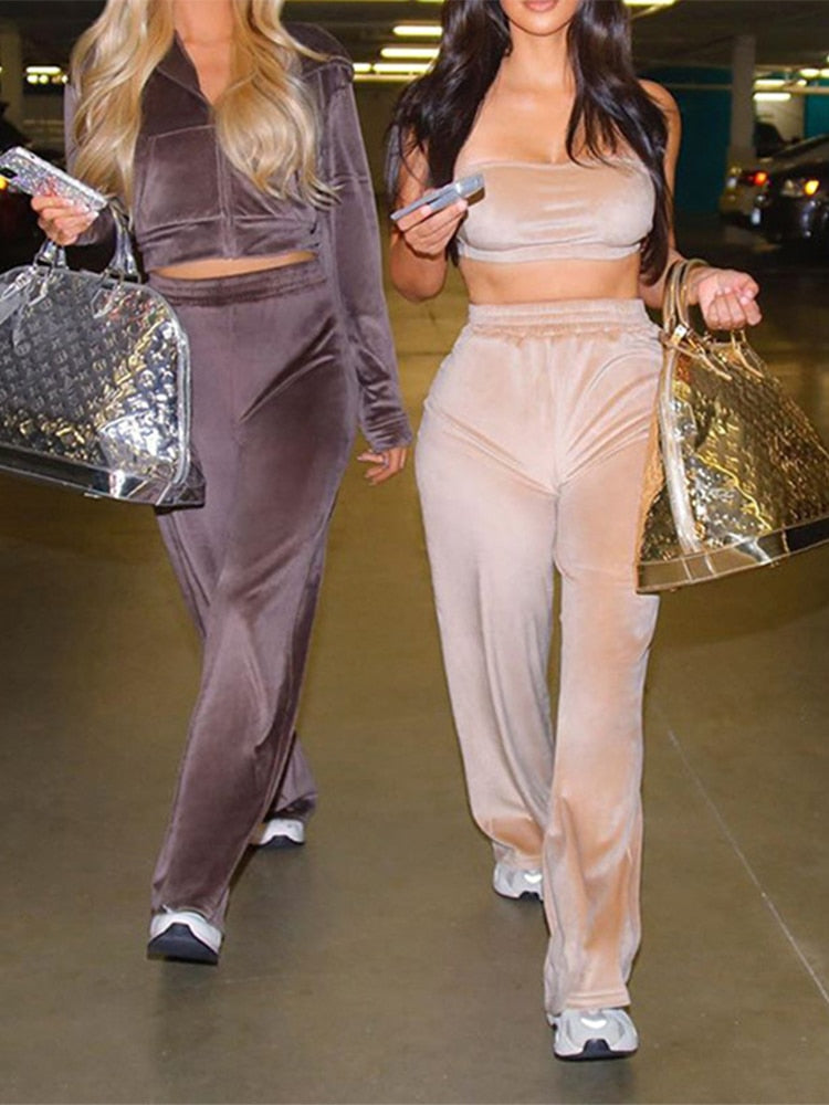 SEASONS Velvet Solid Women Three Piece Set Tube Crop Top Short Coat High Waist Wide Leg Pants Tracksuit Sporty Autumn ASSU86163