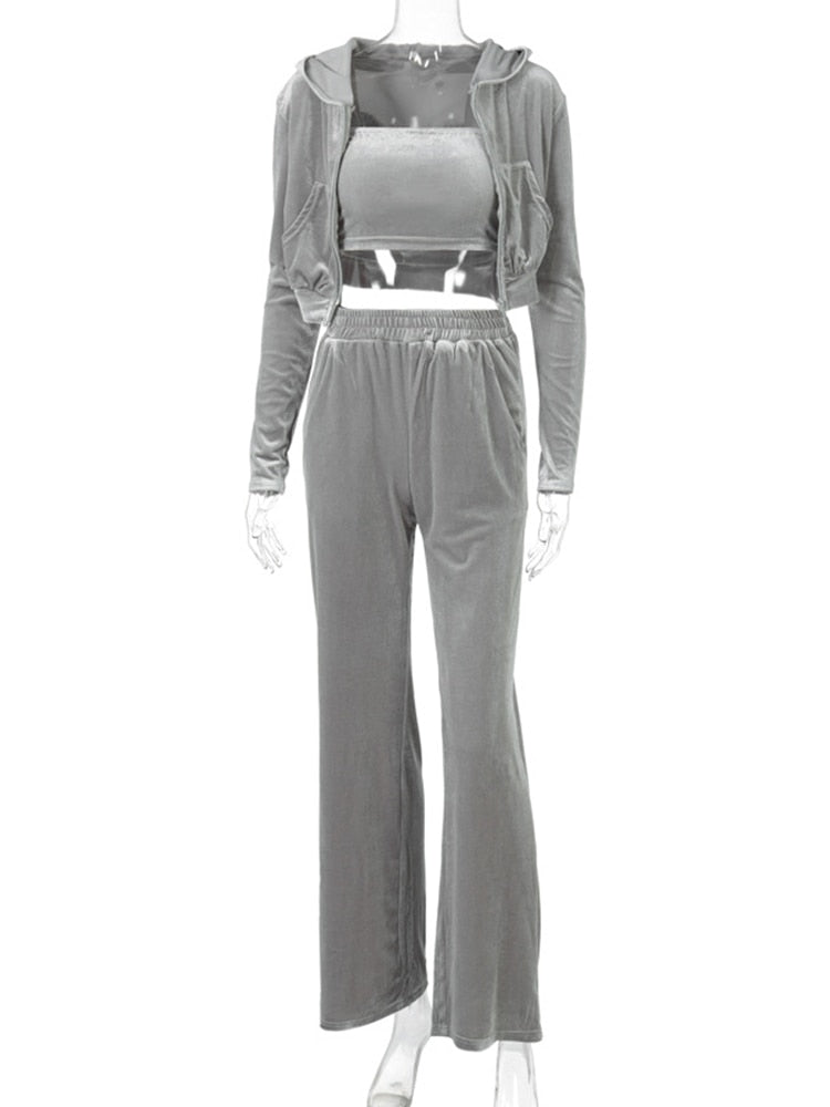 SEASONS Velvet Solid Women Three Piece Set Tube Crop Top Short Coat High Waist Wide Leg Pants Tracksuit Sporty Autumn ASSU86163