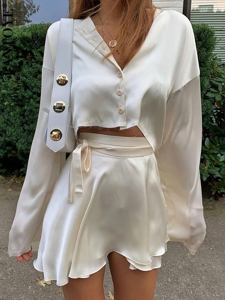 Fantoye Casual Satin Two Piece Dress Set For Women White O-neck Button Top Bandage Mini Pencil Skirts Outfits Fashion Party Suit