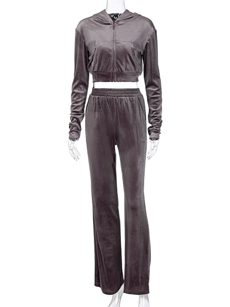 SEASONS Velvet Solid Women Three Piece Set Tube Crop Top Short Coat High Waist Wide Leg Pants Tracksuit Sporty Autumn ASSU86163