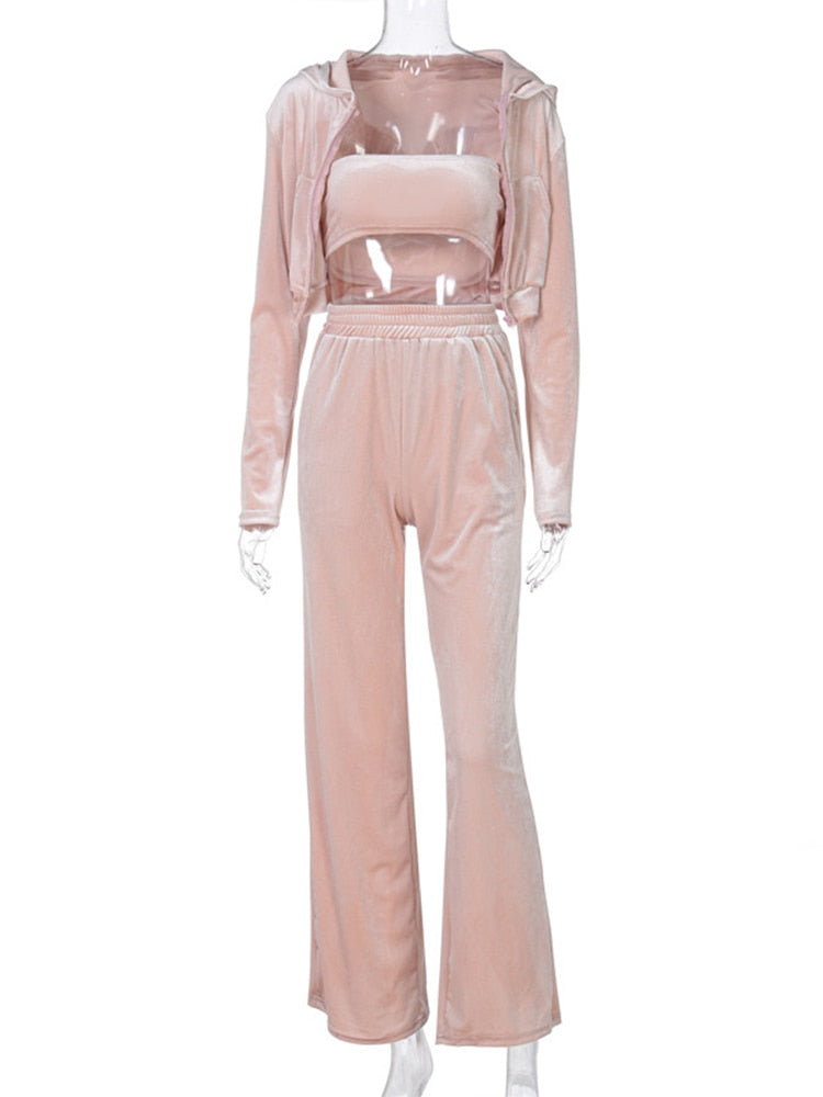 SEASONS Velvet Solid Women Three Piece Set Tube Crop Top Short Coat High Waist Wide Leg Pants Tracksuit Sporty Autumn ASSU86163