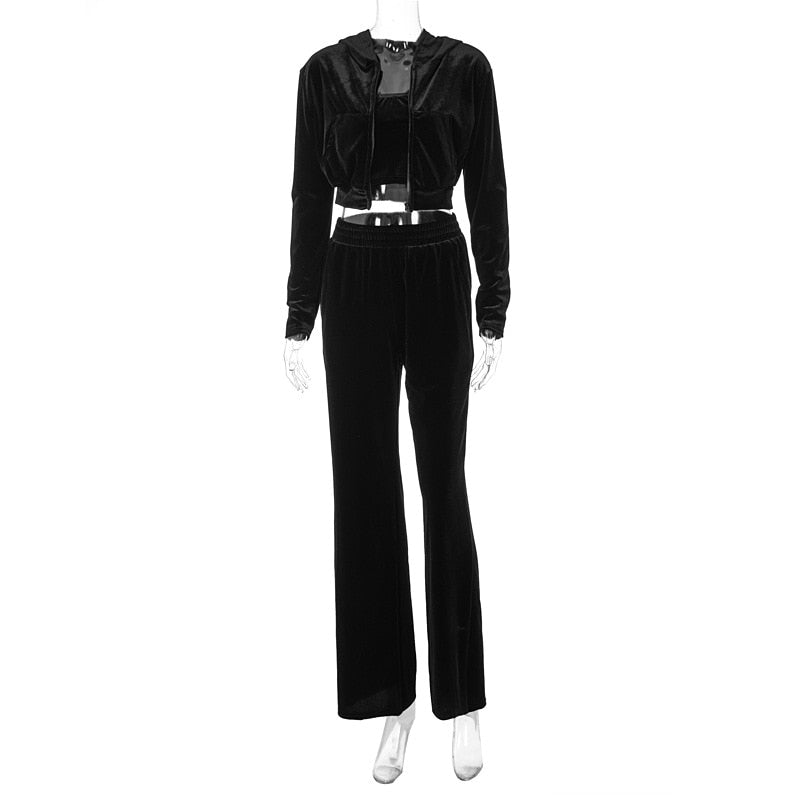 SEASONS Velvet Solid Women Three Piece Set Tube Crop Top Short Coat High Waist Wide Leg Pants Tracksuit Sporty Autumn ASSU86163